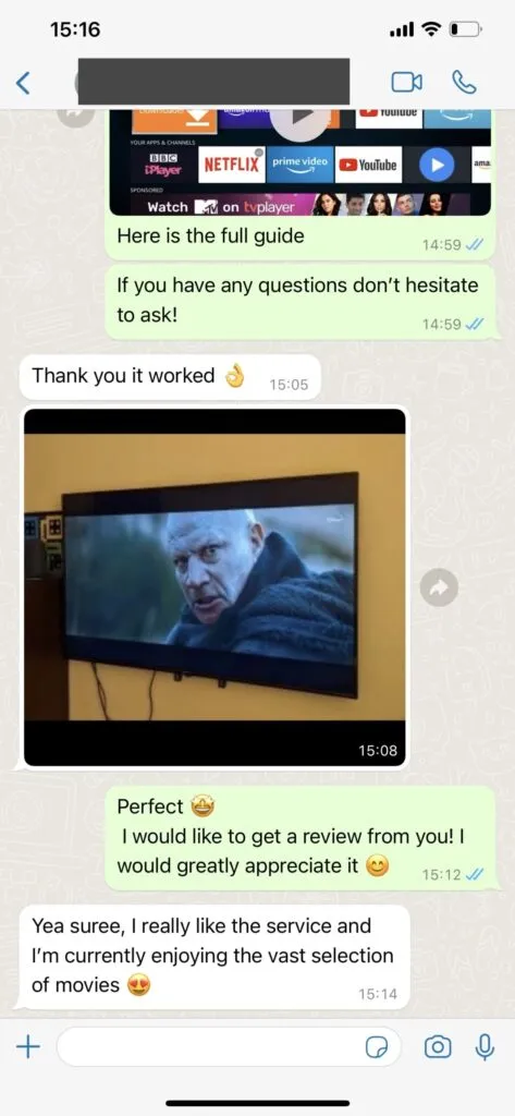 WhatsApp support chat screenshot with satisfied customer 1