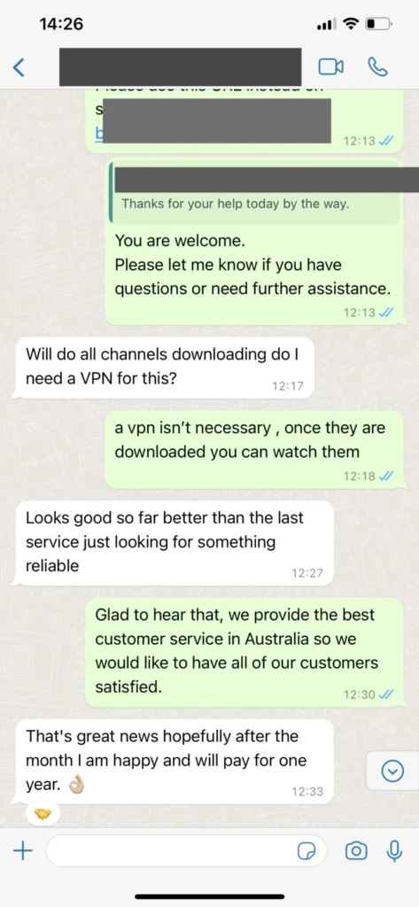WhatsApp customer praise for fast IPTV setup 3